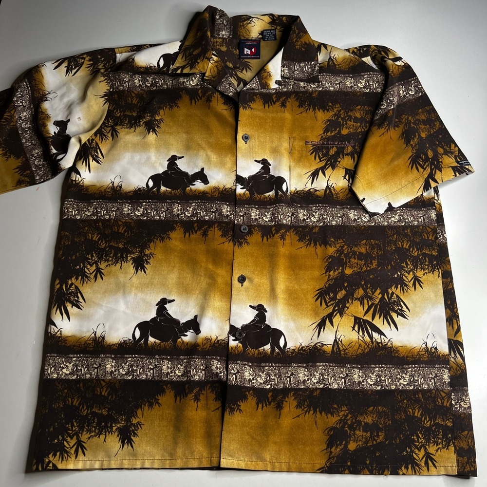 Southpole Vintage Y2K Graphic Button Down Shirt‎ Mens Large Sunset Bamboo Horse